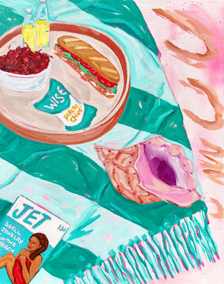 Oil Painting of a beach blanket scene with food and seashell.