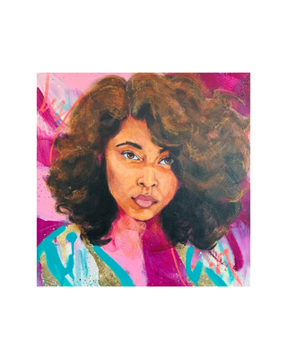 Colorful artwork of a woman with an afro on a pink and purple background