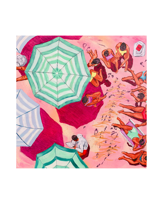 Colorful illustration of people at a beach party with umbrellas and deck chairs.