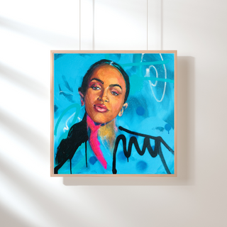 Framed artwork of a person with a colorful abstract background on a white wall