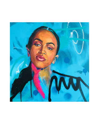 Artistic portrait of a person with colorful hair on a blue background