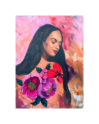 Artistic depiction of a woman with flowers on her chest against a colorful abstract background