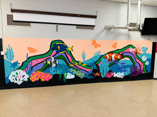 Colorful underwater coral reef, marine mural by New Jersey artist Chanelle René located at Vineland High School in Vineland, NJ.