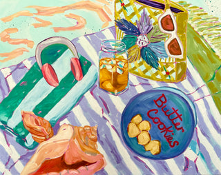 Colorful painting of a beach scene with shells, sunglasses, and a tin of cookies.