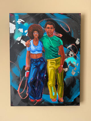 Nostalgic, 70s inspired painting of a couple embracing with abstract elements.