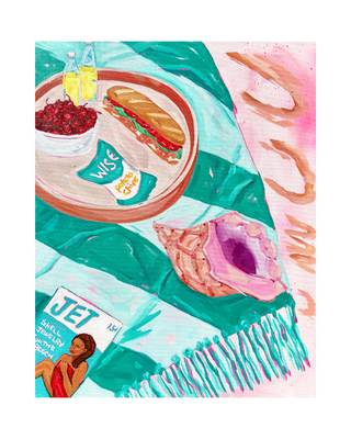 Colorful beach blanket with food and ocean elements.