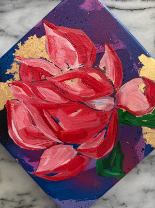 Original lotus flower painting on sapphire blue background by Chanelle René – 8x8 jewel-tone artwork with oil paint and gold leaf
