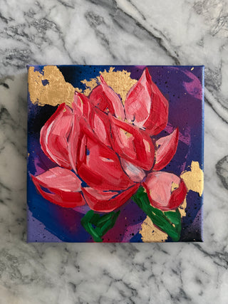 Original lotus flower painting on sapphire blue background by Chanelle René – 8x8 jewel-tone artwork with oil paint and gold leaf