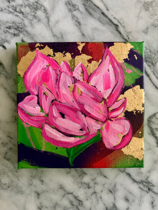 Original lotus flower painting on emerald green background by Chanelle René – 8x8 jewel-tone artwork with oil paint and gold leaf