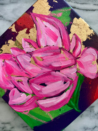 Original lotus flower painting on emerald green background by Chanelle René – 8x8 jewel-tone artwork with oil paint and gold leaf