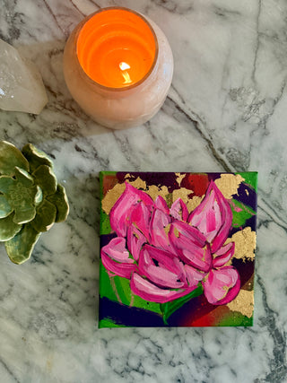 Original lotus flower painting on emerald green background by Chanelle René – 8x8 jewel-tone artwork with oil paint and gold leaf