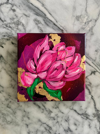 Original lotus flower painting on amethyst purple background by Chanelle René – 8x8 jewel-tone artwork with oil paint and gold leaf