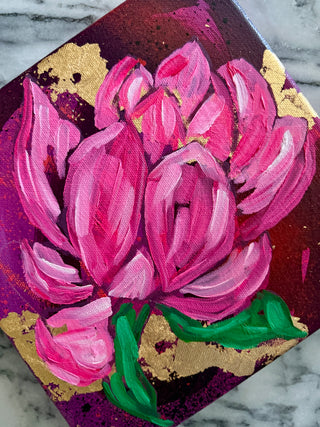 Original lotus flower painting on amethyst purple background by Chanelle René – 8x8 jewel-tone artwork with oil paint and gold leaf