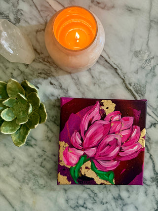 Original lotus flower painting on amethyst purple background by Chanelle René – 8x8 jewel-tone artwork with oil paint and gold leaf