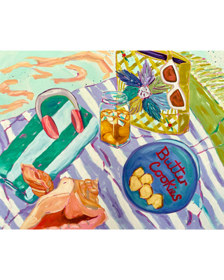 Colorful painting of a rolled towel, straw bag, sweet tea mason jar, headphones, shells  and 'Butter Cookies' tin on a striped beach blanket surface.