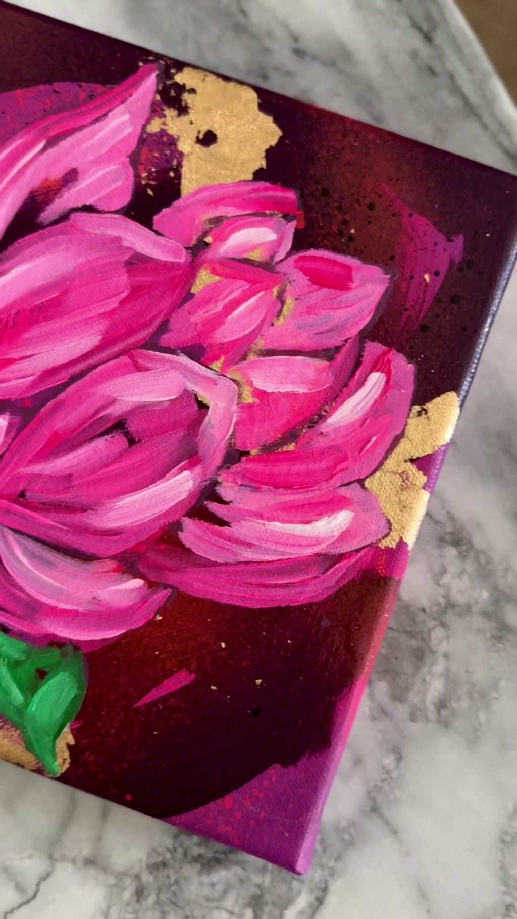 Original lotus flower painting on amethyst purple background by Chanelle René – 8x8 jewel-tone artwork with oil paint and gold leaf