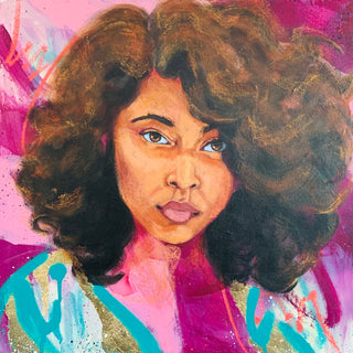 A mixed media artwork on canvas featuring a portrait of a woman with a colorful and abstract background.